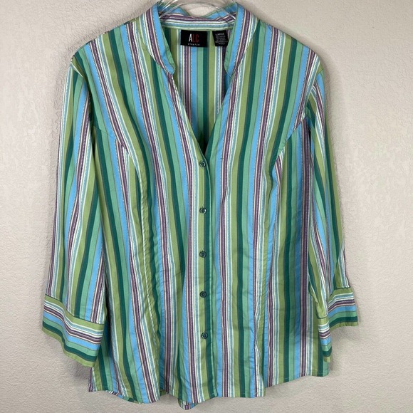 ALC Women's Striped Button Front‎ Blouse Top Stretch Long Sleeve Multicolor SZ L - Picture 1 of 9